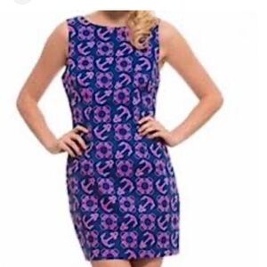 Sleeveless Navy Blue & Pink Patterned Mini Dress
